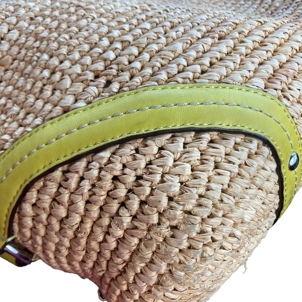 Coach vintage y2k 22904 green leather and wicker Raffia Straw Turnlock Tote Bag